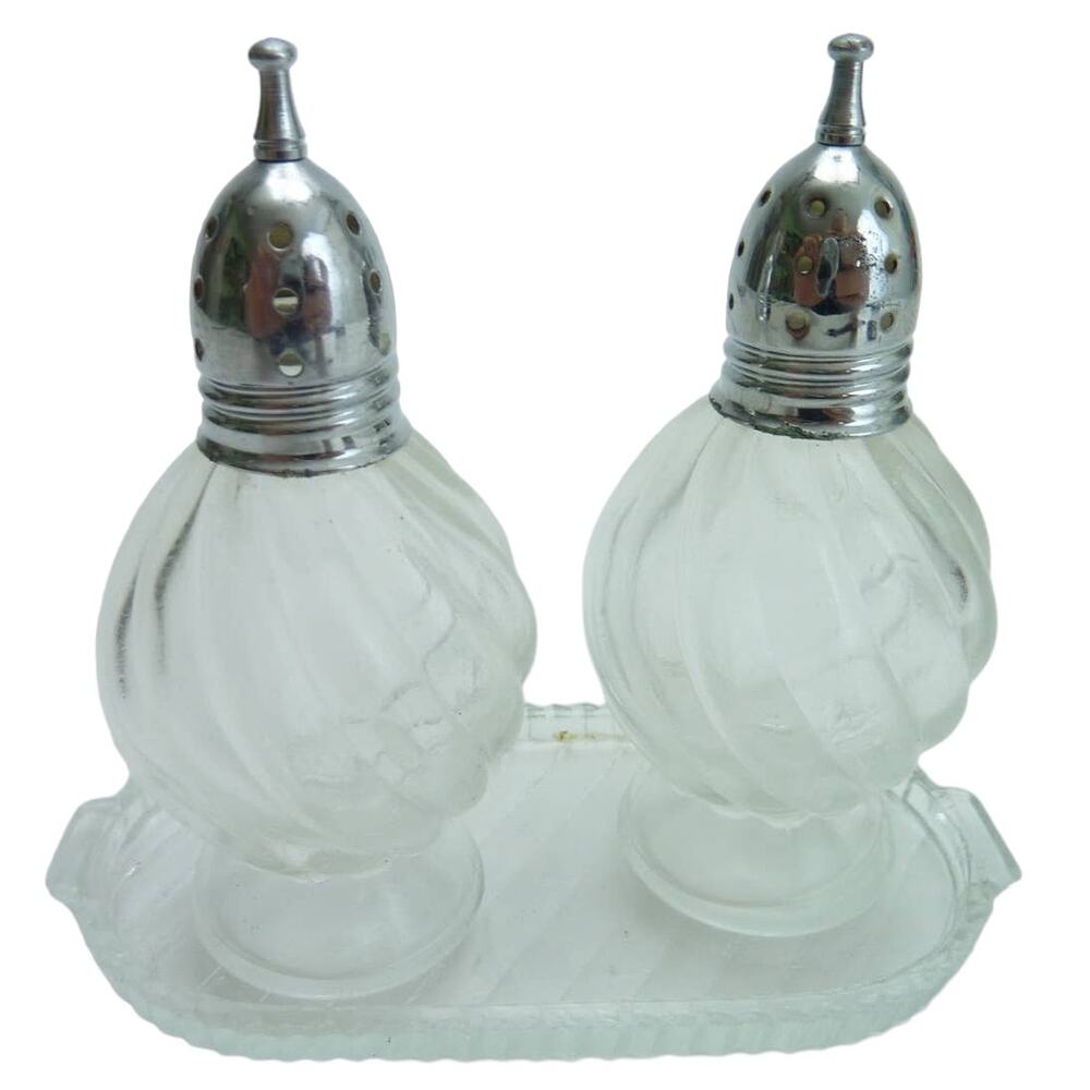 Swirled Clear Glass 3.5 Salt Pepper Shakers Tray Set Vintage Kitchenware Dinner